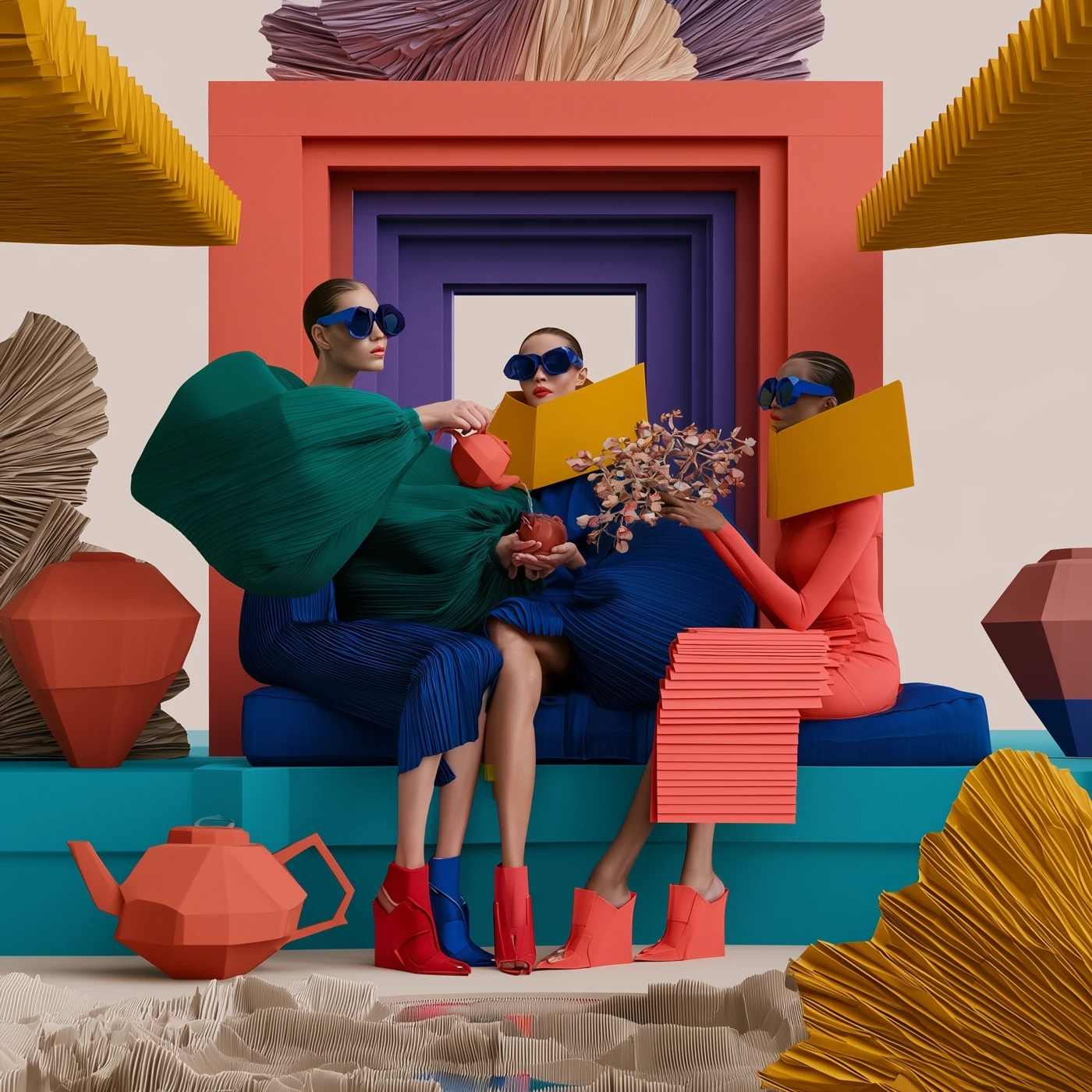 Three fictional friends sharing tea in a colourful sculptural home