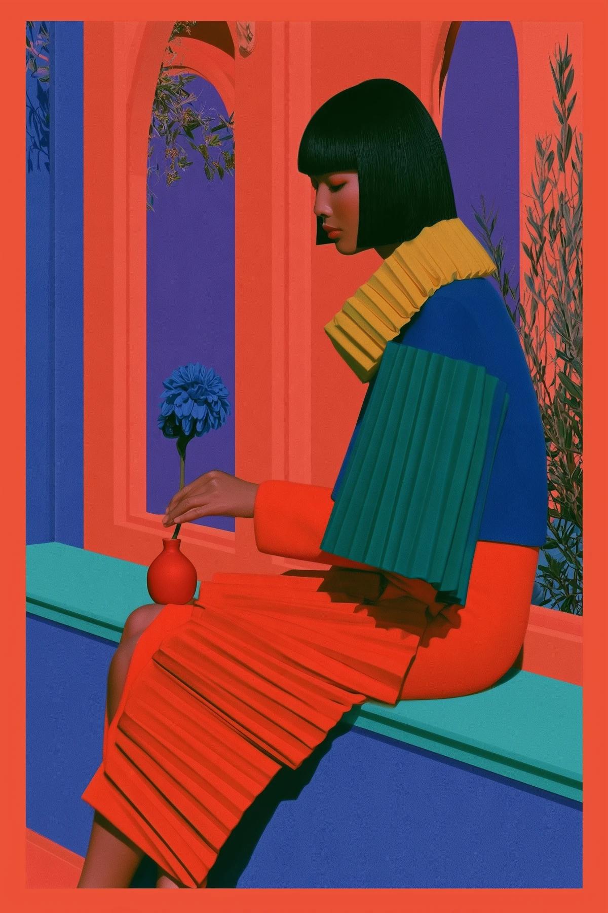 A fictional woman in a sculptural dress in a colourful architectural setting