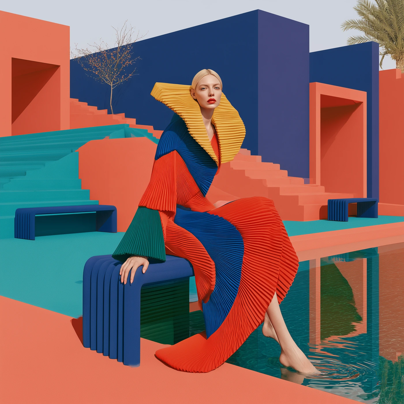 A fictional woman resting beside a pool in a colourful sculptural courtyard, wearing folded architectural clothing.